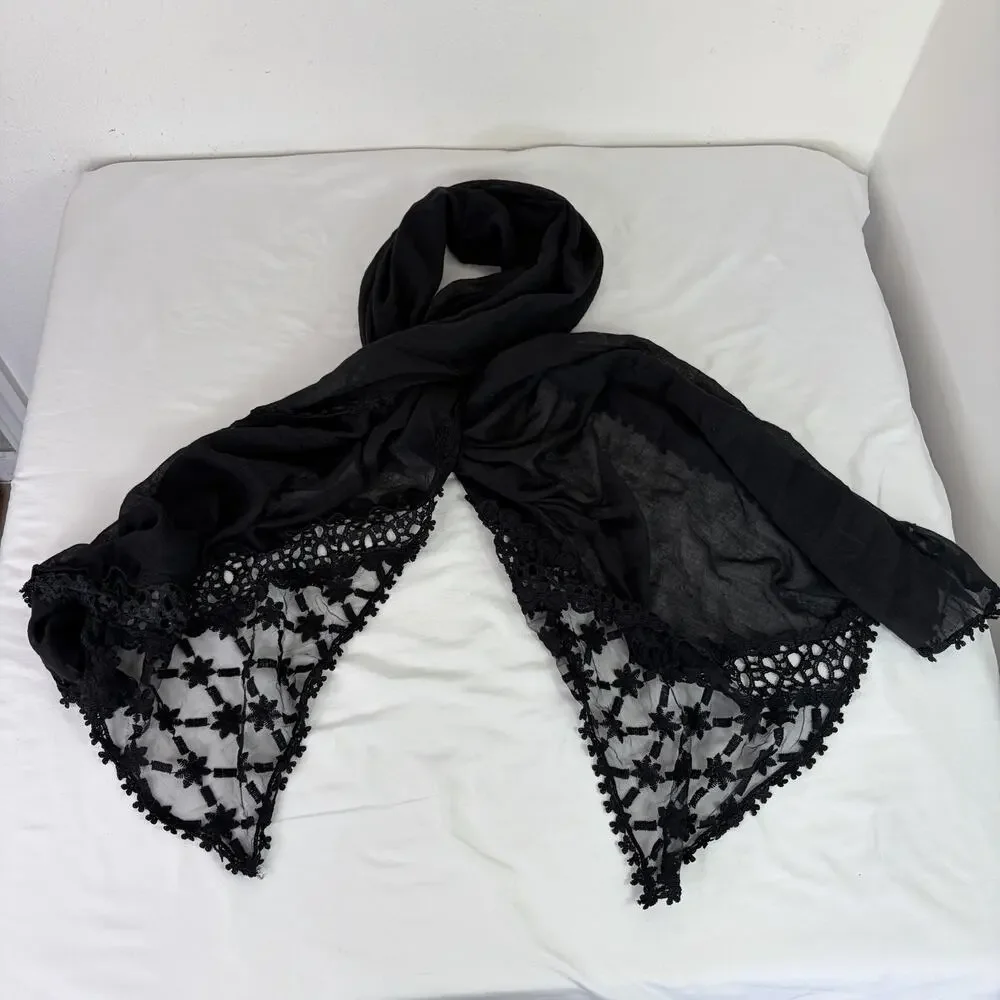 Black Rectangular Eyelet With Mesh Panels Black Scarf, Chic, Stylish, Everyday